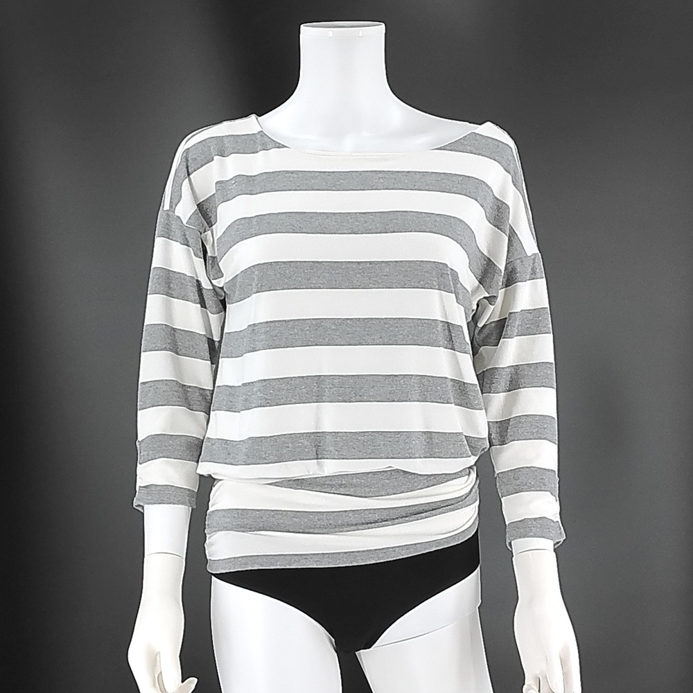 White House Black Market Grey White Striped Blouson Boat Neck Top XS